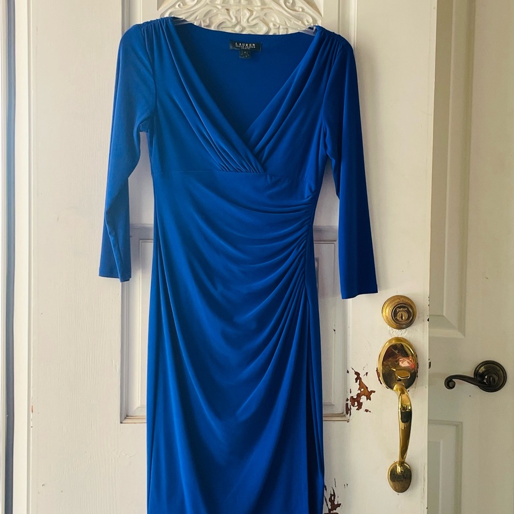 Lauren by Ralph Lauren Cobalt Blue Dress ruched v neck